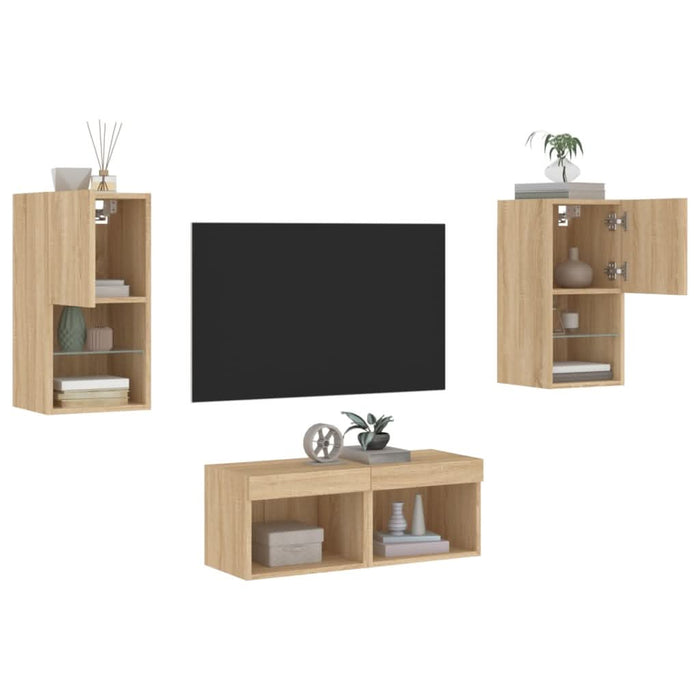 Comode TV de perete cu lumini LED, 4 piese, stejar sonoma - WALTI WALTI