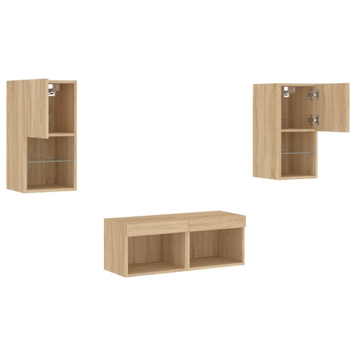 Comode TV de perete cu lumini LED, 4 piese, stejar sonoma - WALTI WALTI