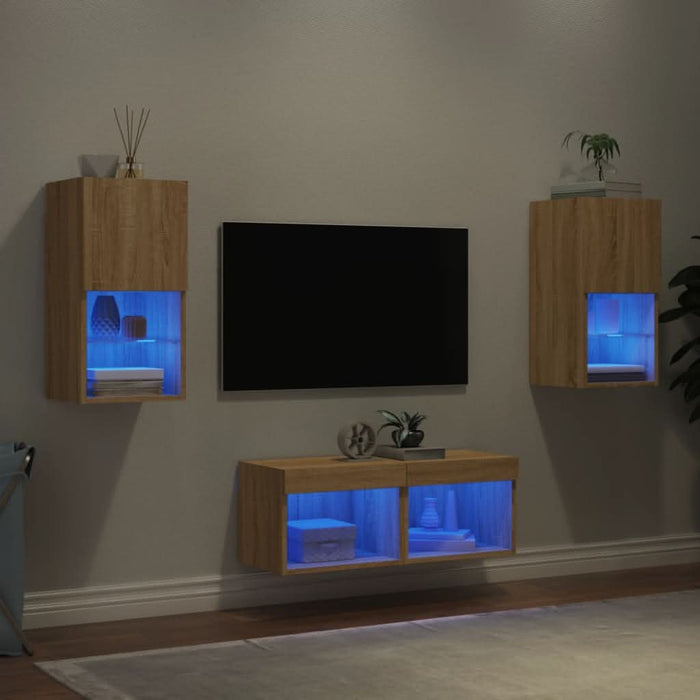 Comode TV de perete cu lumini LED, 4 piese, stejar sonoma - WALTI WALTI