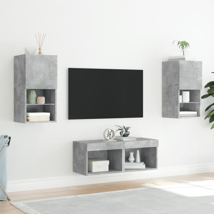 Comode TV de perete cu lumini LED, 4 piese, gri beton - WALTI WALTI