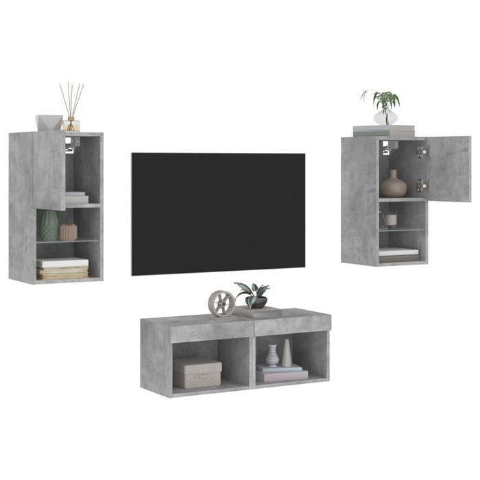 Comode TV de perete cu lumini LED, 4 piese, gri beton - WALTI WALTI