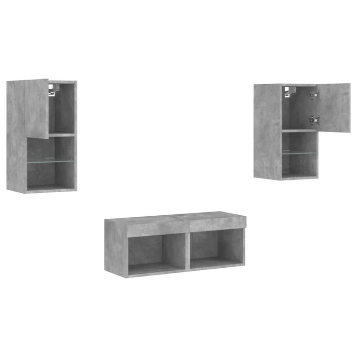 Comode TV de perete cu lumini LED, 4 piese, gri beton - WALTI WALTI