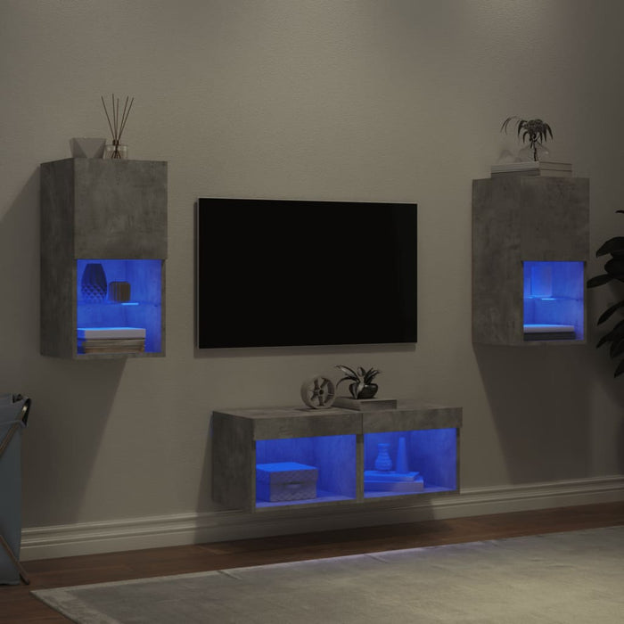 Comode TV de perete cu lumini LED, 4 piese, gri beton - WALTI WALTI
