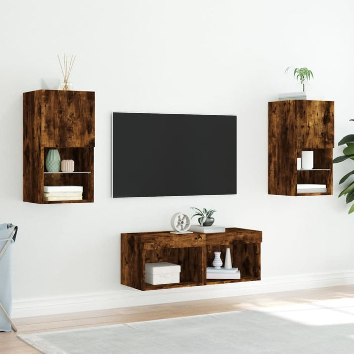 Comode TV de perete cu lumini LED, 4 piese, stejar fumuriu - WALTI WALTI