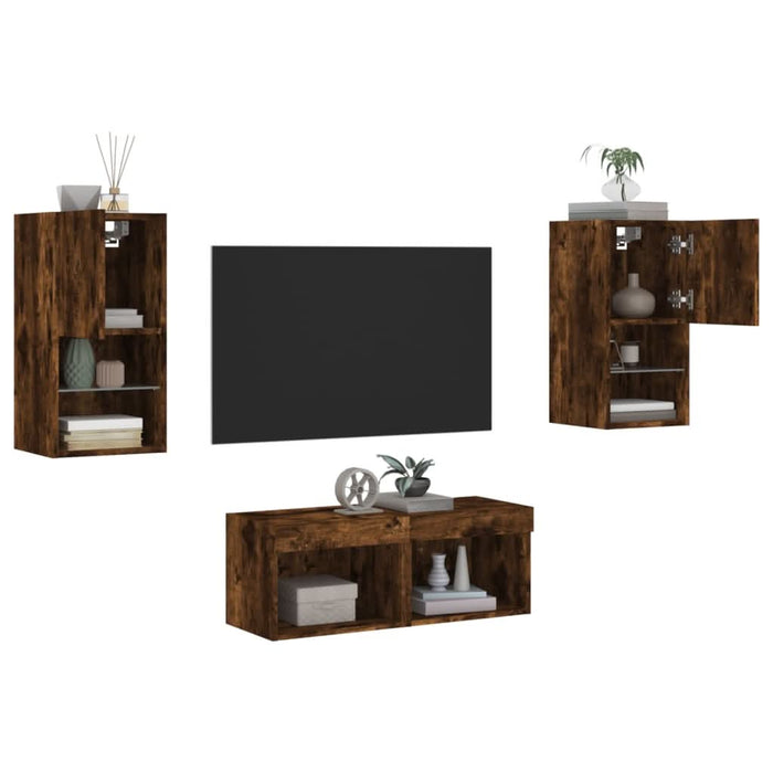 Comode TV de perete cu lumini LED, 4 piese, stejar fumuriu - WALTI WALTI