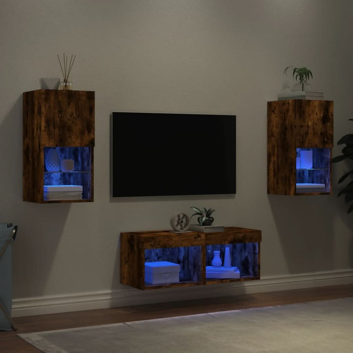 Comode TV de perete cu lumini LED, 4 piese, stejar fumuriu - WALTI WALTI