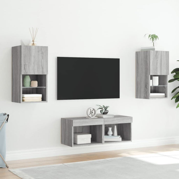 Comode TV de perete cu lumini LED, 4 piese, gri sonoma - WALTI WALTI