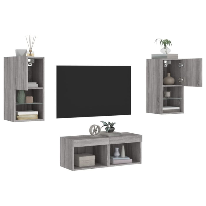Comode TV de perete cu lumini LED, 4 piese, gri sonoma - WALTI WALTI