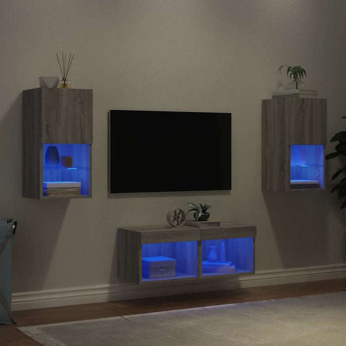 Comode TV de perete cu lumini LED, 4 piese, gri sonoma - WALTI WALTI