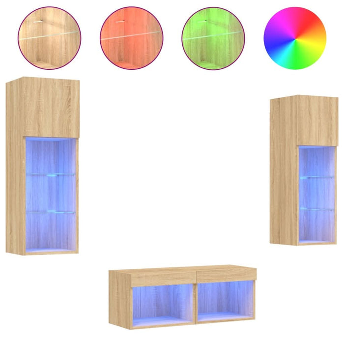 Comode TV de perete cu lumini LED, 4 piese, stejar sonoma - WALTI WALTI