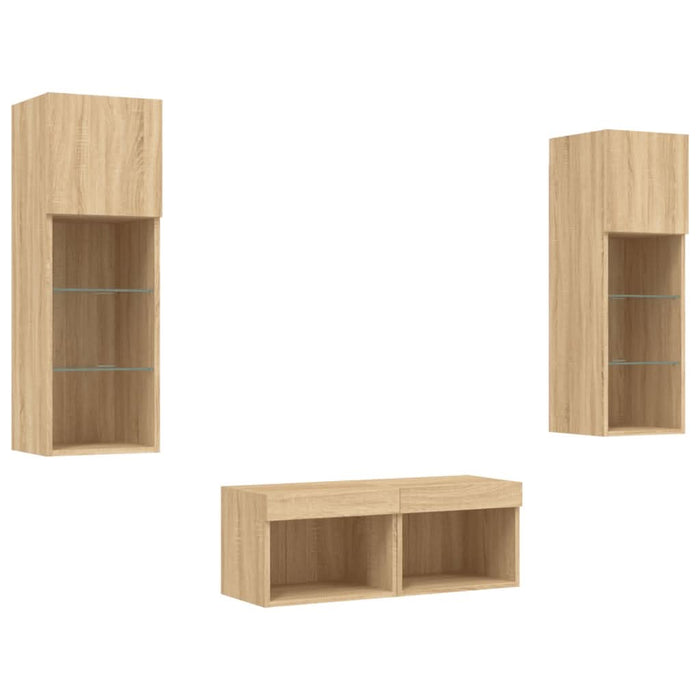 Comode TV de perete cu lumini LED, 4 piese, stejar sonoma - WALTI WALTI