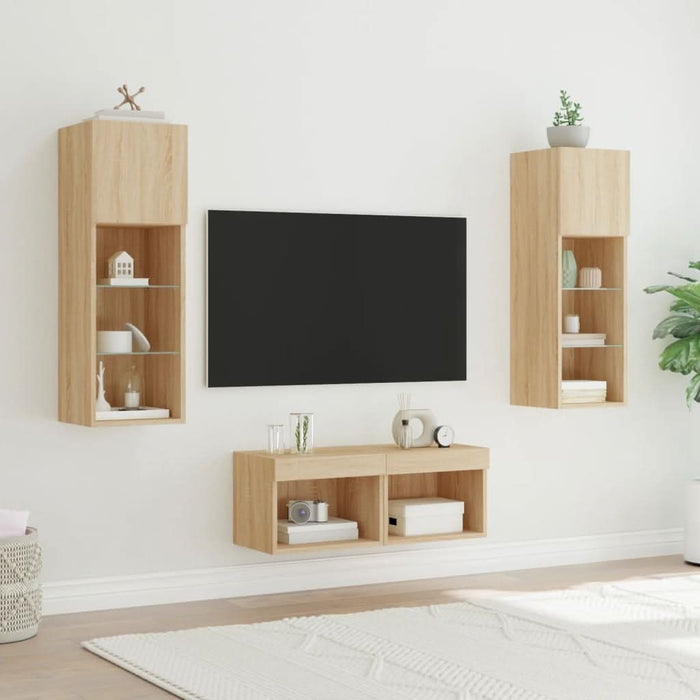 Comode TV de perete cu lumini LED, 4 piese, stejar sonoma - WALTI WALTI