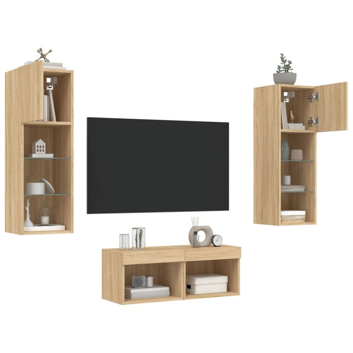 Comode TV de perete cu lumini LED, 4 piese, stejar sonoma - WALTI WALTI