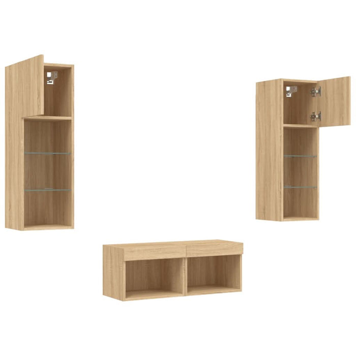 Comode TV de perete cu lumini LED, 4 piese, stejar sonoma - WALTI WALTI