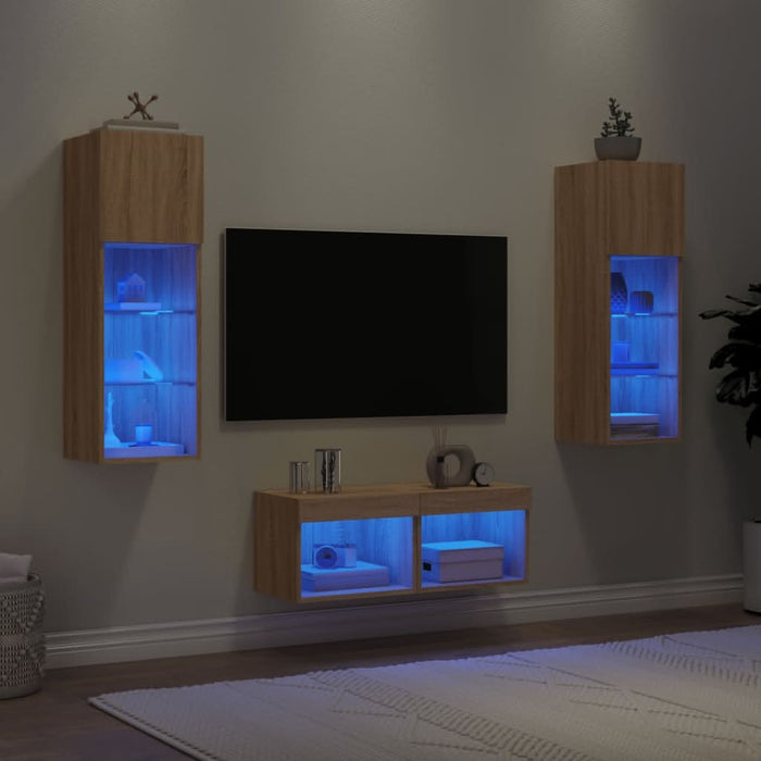Comode TV de perete cu lumini LED, 4 piese, stejar sonoma - WALTI WALTI