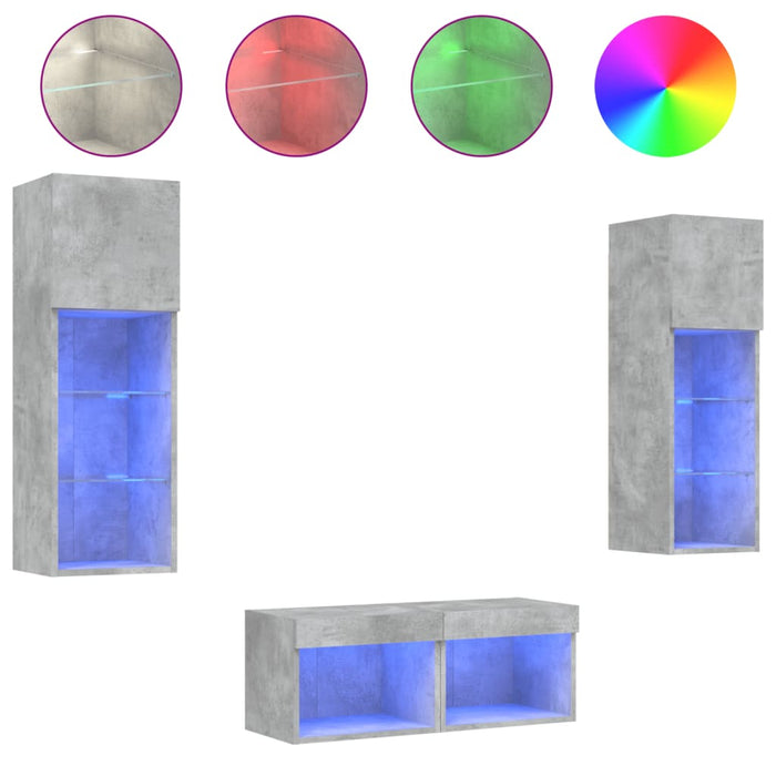 Comode TV de perete cu lumini LED, 4 piese, gri beton - WALTI WALTI