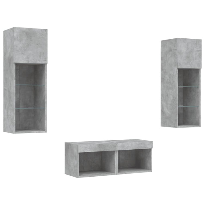 Comode TV de perete cu lumini LED, 4 piese, gri beton - WALTI WALTI