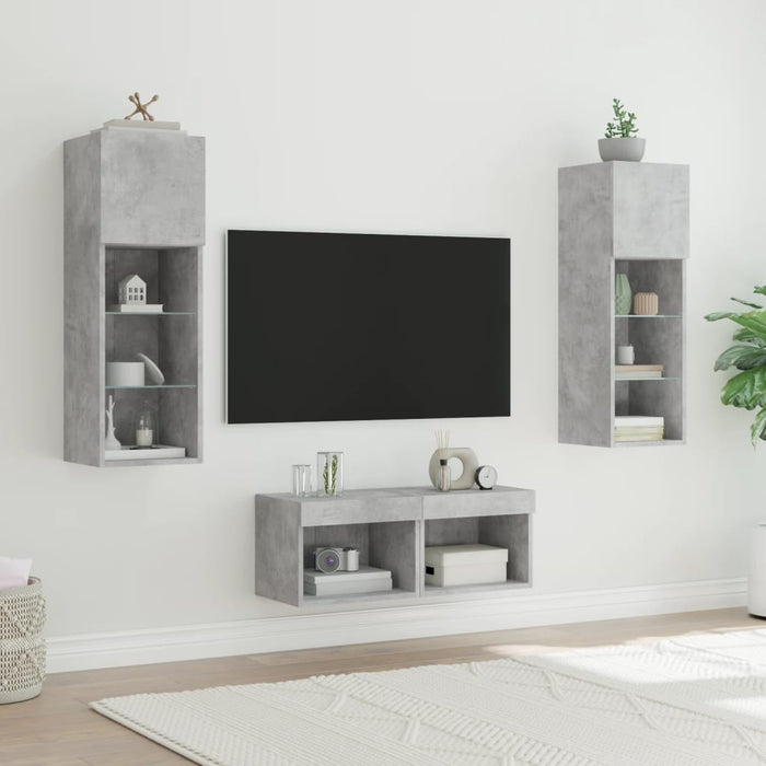 Comode TV de perete cu lumini LED, 4 piese, gri beton - WALTI WALTI