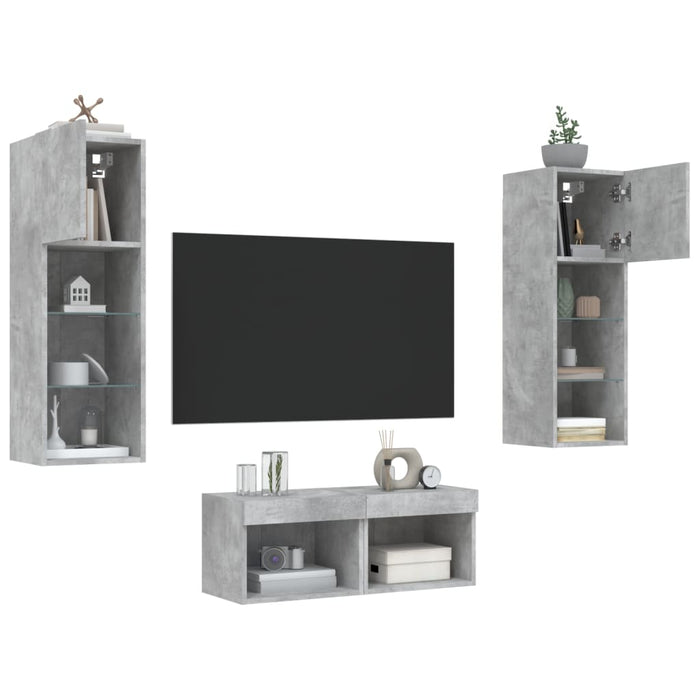 Comode TV de perete cu lumini LED, 4 piese, gri beton - WALTI WALTI