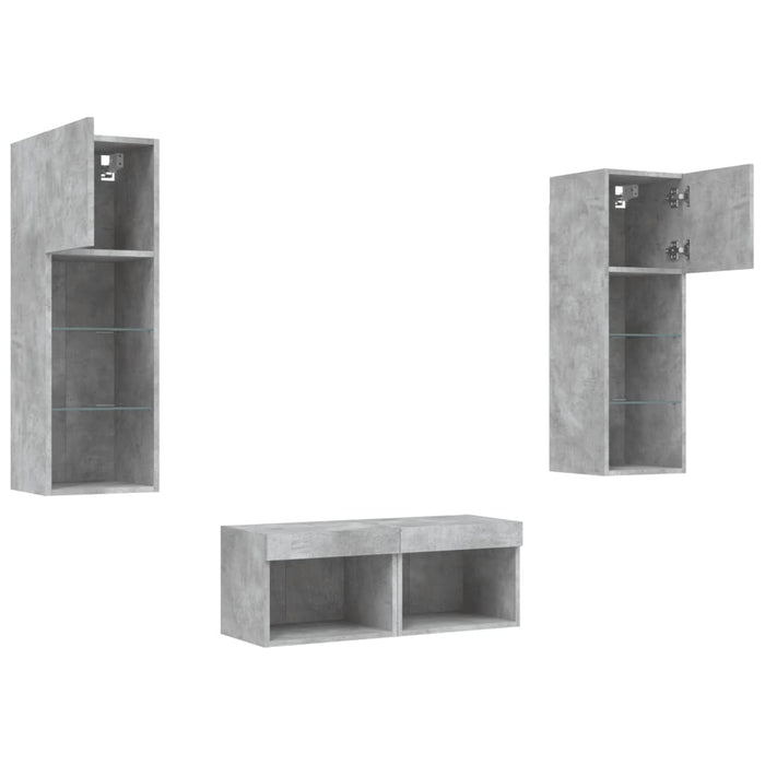 Comode TV de perete cu lumini LED, 4 piese, gri beton - WALTI WALTI