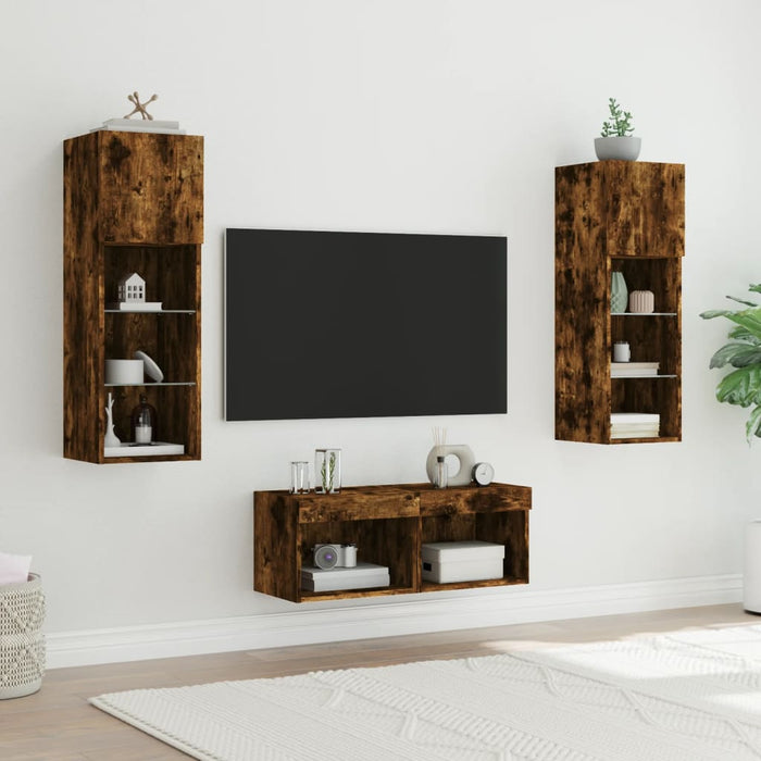 Comode TV de perete cu lumini LED, 4 piese, stejar fumuriu - WALTI WALTI