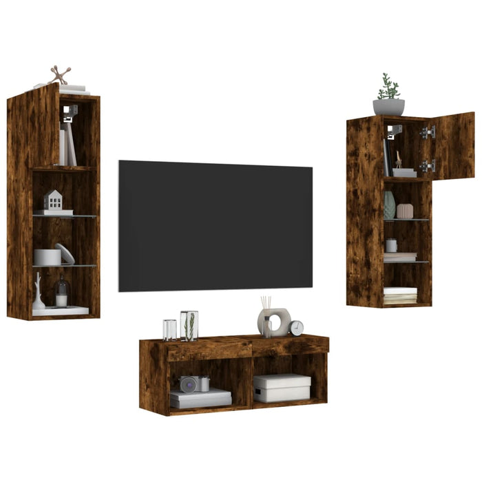 Comode TV de perete cu lumini LED, 4 piese, stejar fumuriu - WALTI WALTI