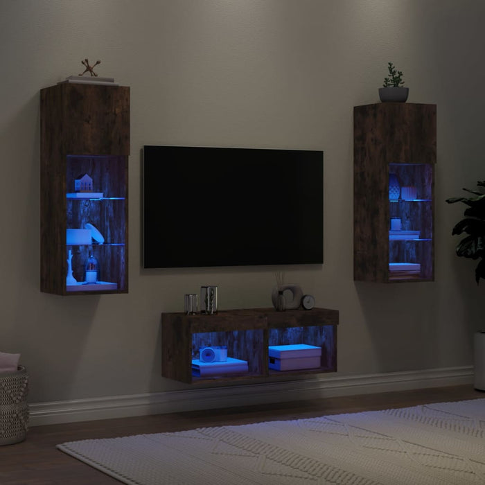 Comode TV de perete cu lumini LED, 4 piese, stejar fumuriu - WALTI WALTI