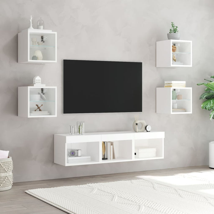 Unități de perete TV cu LED-uri, 7 piese, alb, lemn prelucrat WALTI