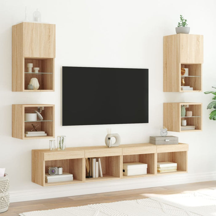 Unități de perete TV cu LED-uri, 8 piese, stejar sonoma, lemn - WALTI WALTI