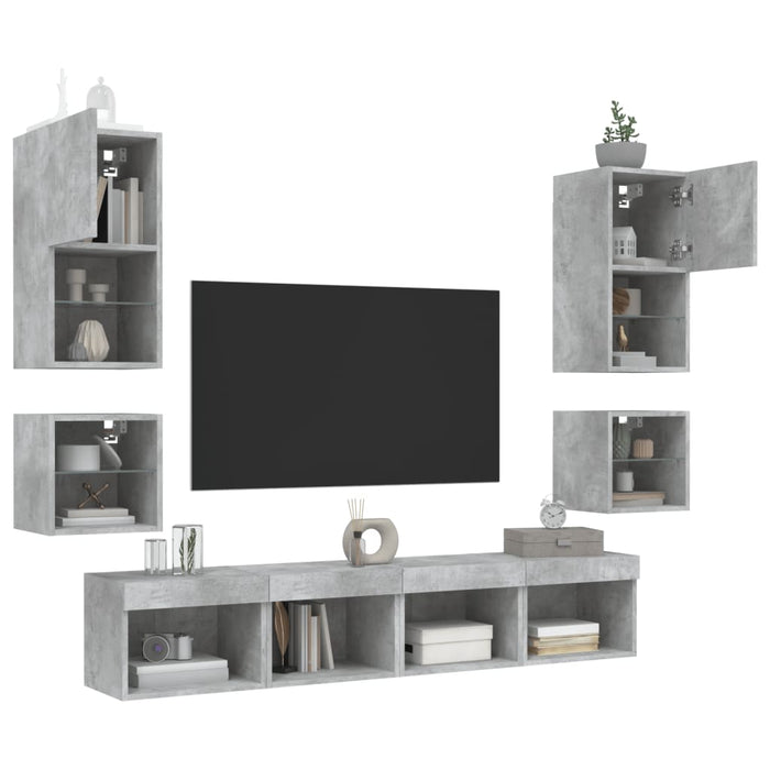 Unități TV de perete cu LED-uri 8 piese gri beton lemn compozit - WALTI WALTI