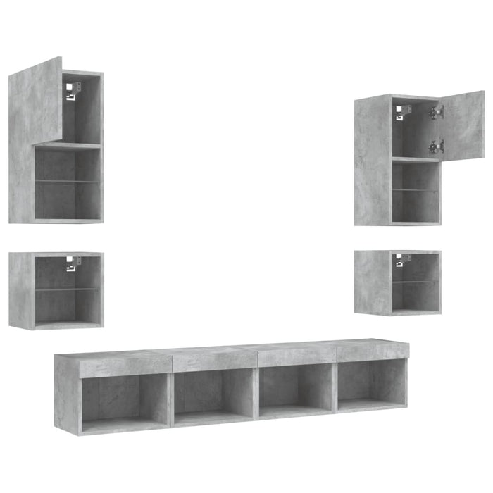 Unități TV de perete cu LED-uri 8 piese gri beton lemn compozit - WALTI WALTI