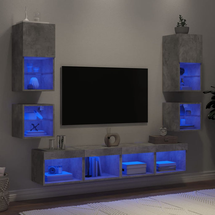 Unități TV de perete cu LED-uri 8 piese gri beton lemn compozit - WALTI WALTI