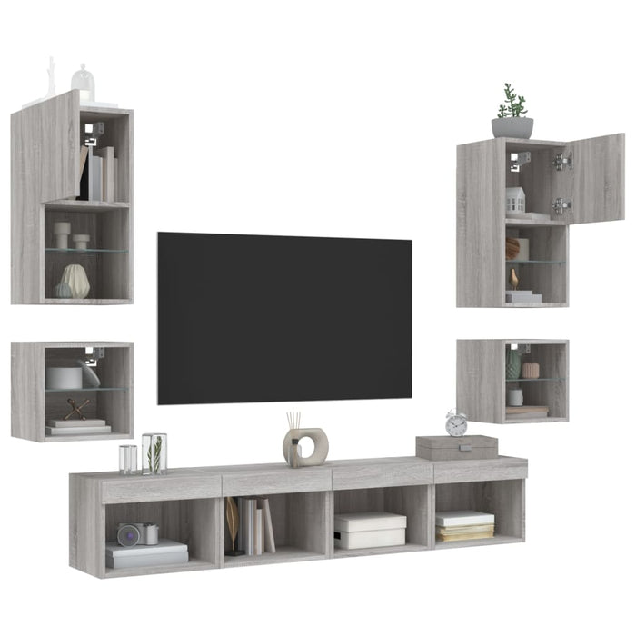 Unități de perete TV cu LED-uri, 8 piese, gri sonoma, lemn - WALTI WALTI