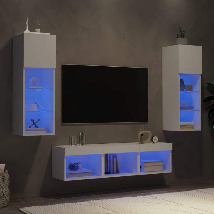 Unități de perete TV cu LED-uri, 5 piese, alb, lemn prelucrat - WALTI WALTI