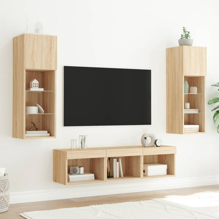 Unități de perete TV cu LED-uri, 5 piese, stejar sonoma, lemn - WALTI WALTI