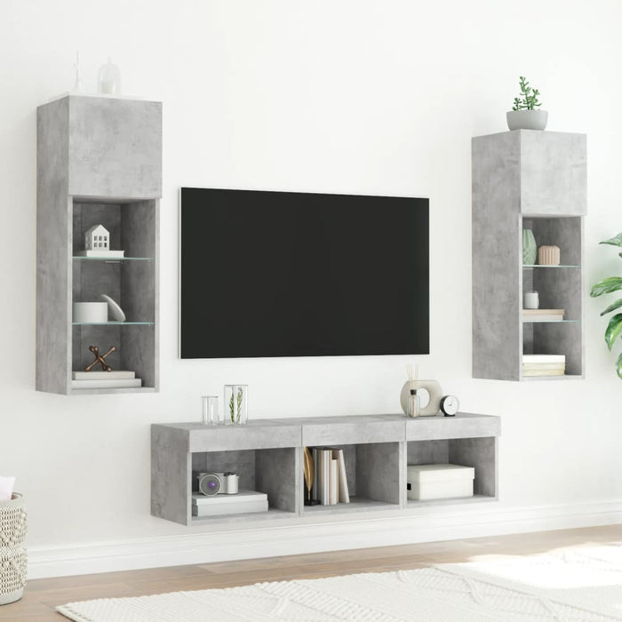 Unități TV de perete cu LED-uri 5 piese gri beton lemn compozit WALTI