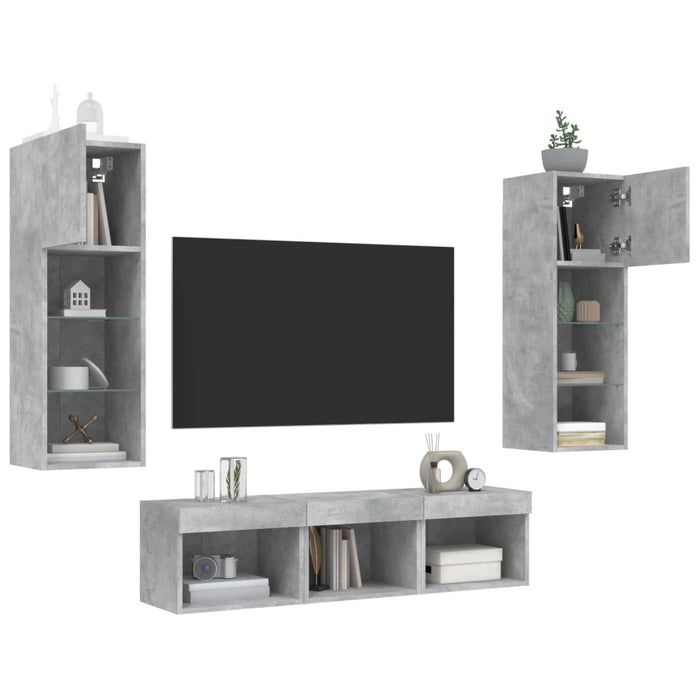 Unități TV de perete cu LED-uri 5 piese gri beton lemn compozit - WALTI WALTI