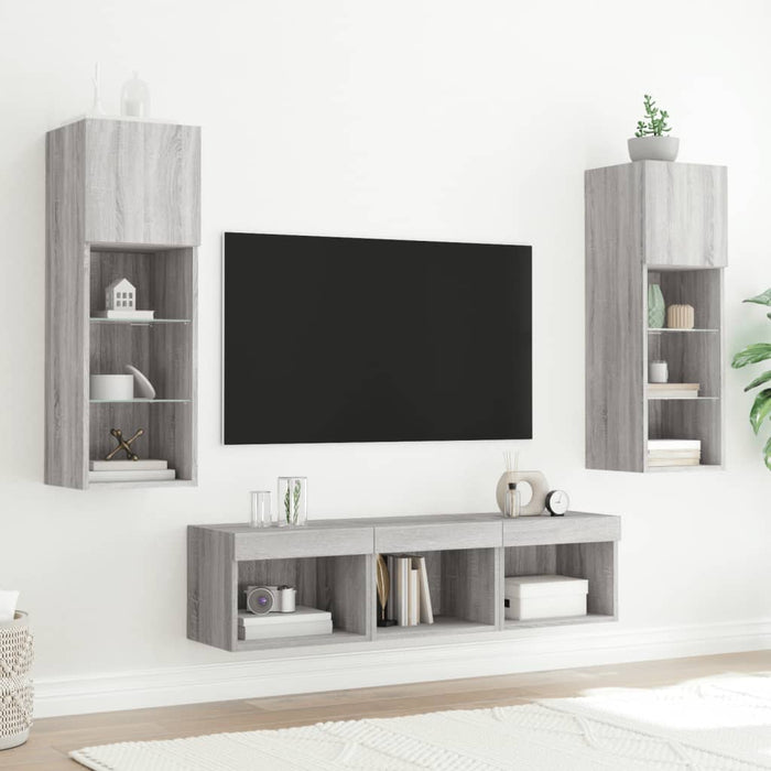 Unități de perete TV cu LED-uri, 5 piese, gri sonoma, lemn - WALTI WALTI