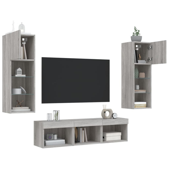 Unități de perete TV cu LED-uri, 5 piese, gri sonoma, lemn - WALTI WALTI