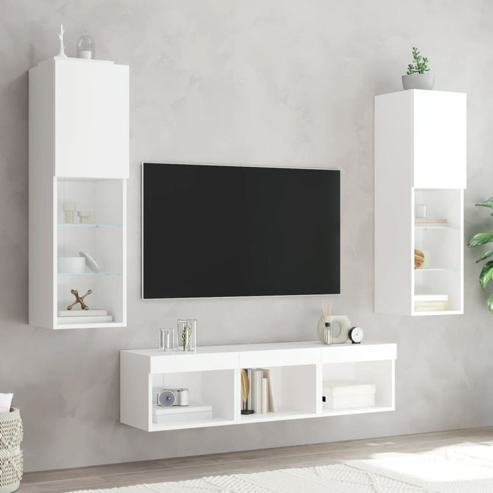 Unități de perete TV cu LED-uri, 5 piese, alb, lemn prelucrat - WALTI WALTI