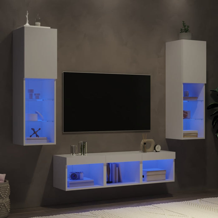 Unități de perete TV cu LED-uri, 5 piese, alb, lemn prelucrat - WALTI WALTI