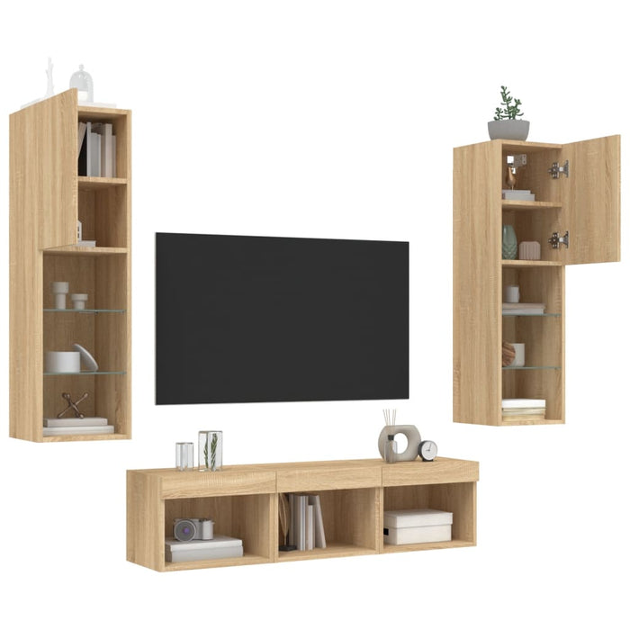 Unități de perete TV cu LED-uri, 5 piese, stejar sonoma, lemn - WALTI WALTI