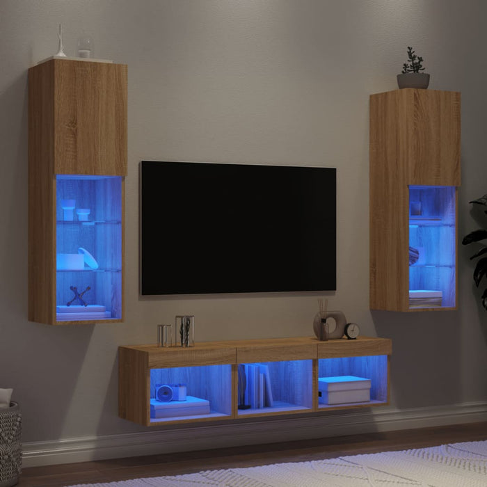 Unități de perete TV cu LED-uri, 5 piese, stejar sonoma, lemn - WALTI WALTI