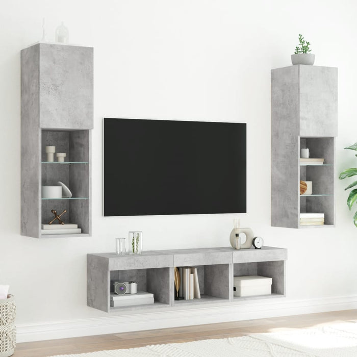 Unități TV de perete cu LED-uri 5 piese gri beton lemn compozit - WALTI WALTI