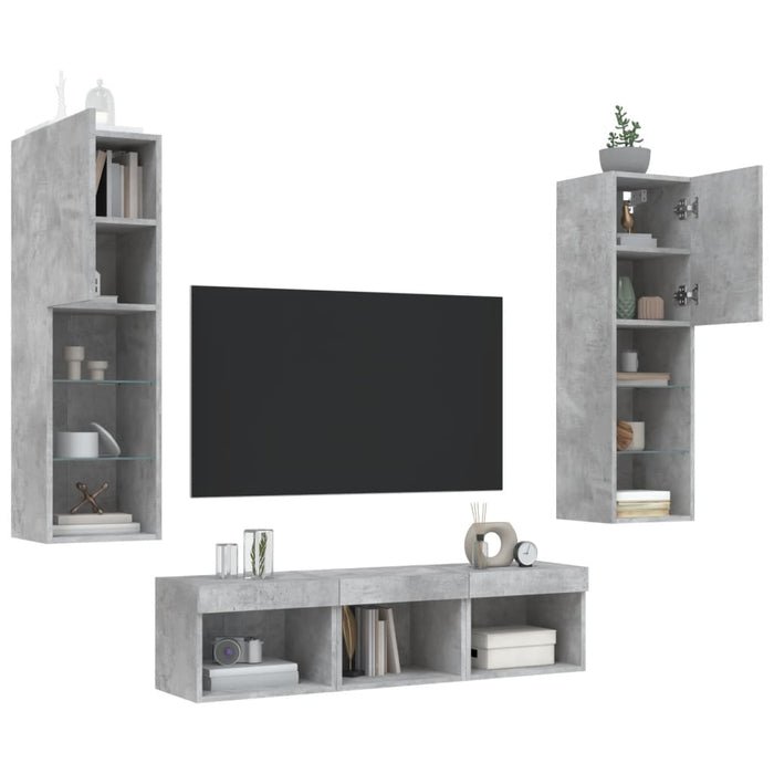 Unități TV de perete cu LED-uri 5 piese gri beton lemn compozit - WALTI WALTI