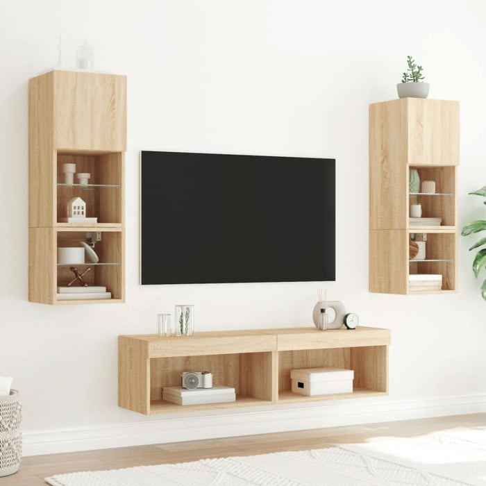Unități de perete TV cu LED-uri, 6 piese, stejar sonoma, lemn - WALTI WALTI