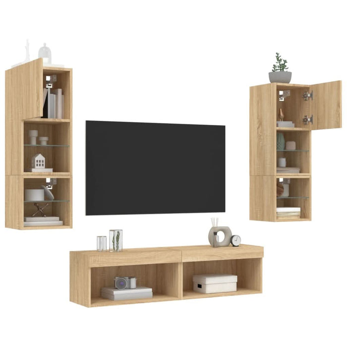 Unități de perete TV cu LED-uri, 6 piese, stejar sonoma, lemn - WALTI WALTI