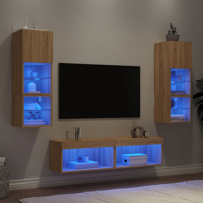 Unități de perete TV cu LED-uri, 6 piese, stejar sonoma, lemn - WALTI WALTI