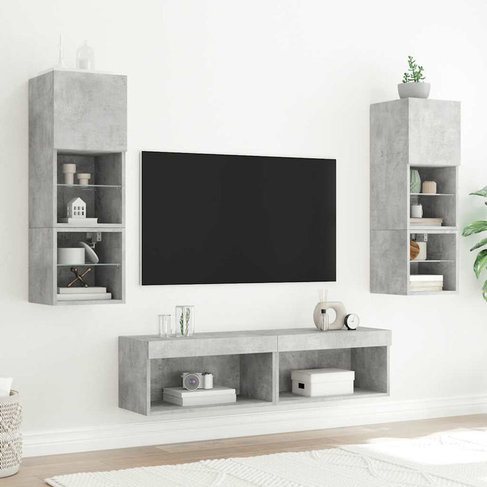 Unități TV de perete cu LED-uri 6 piese gri beton lemn compozit - WALTI WALTI