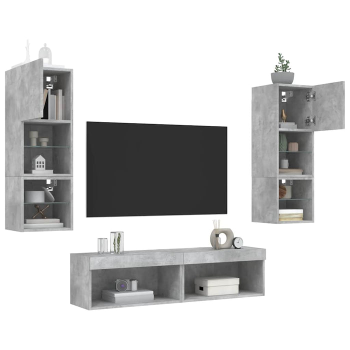 Unități TV de perete cu LED-uri 6 piese gri beton lemn compozit - WALTI WALTI